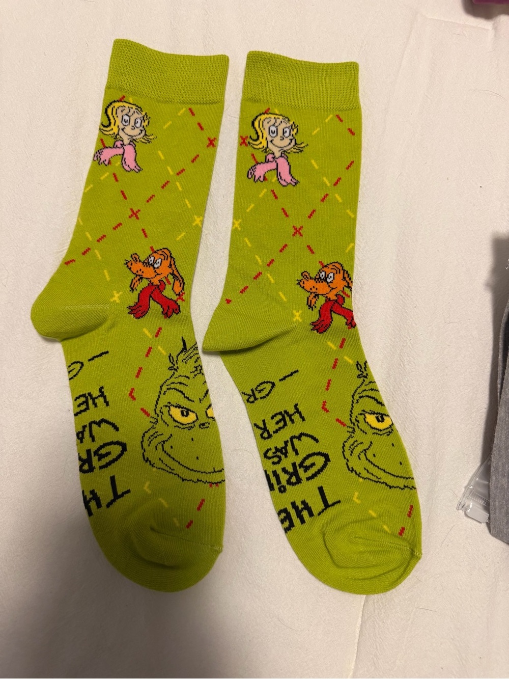 McDonald's Lime Green Grinch Crew Socks with Character Accents